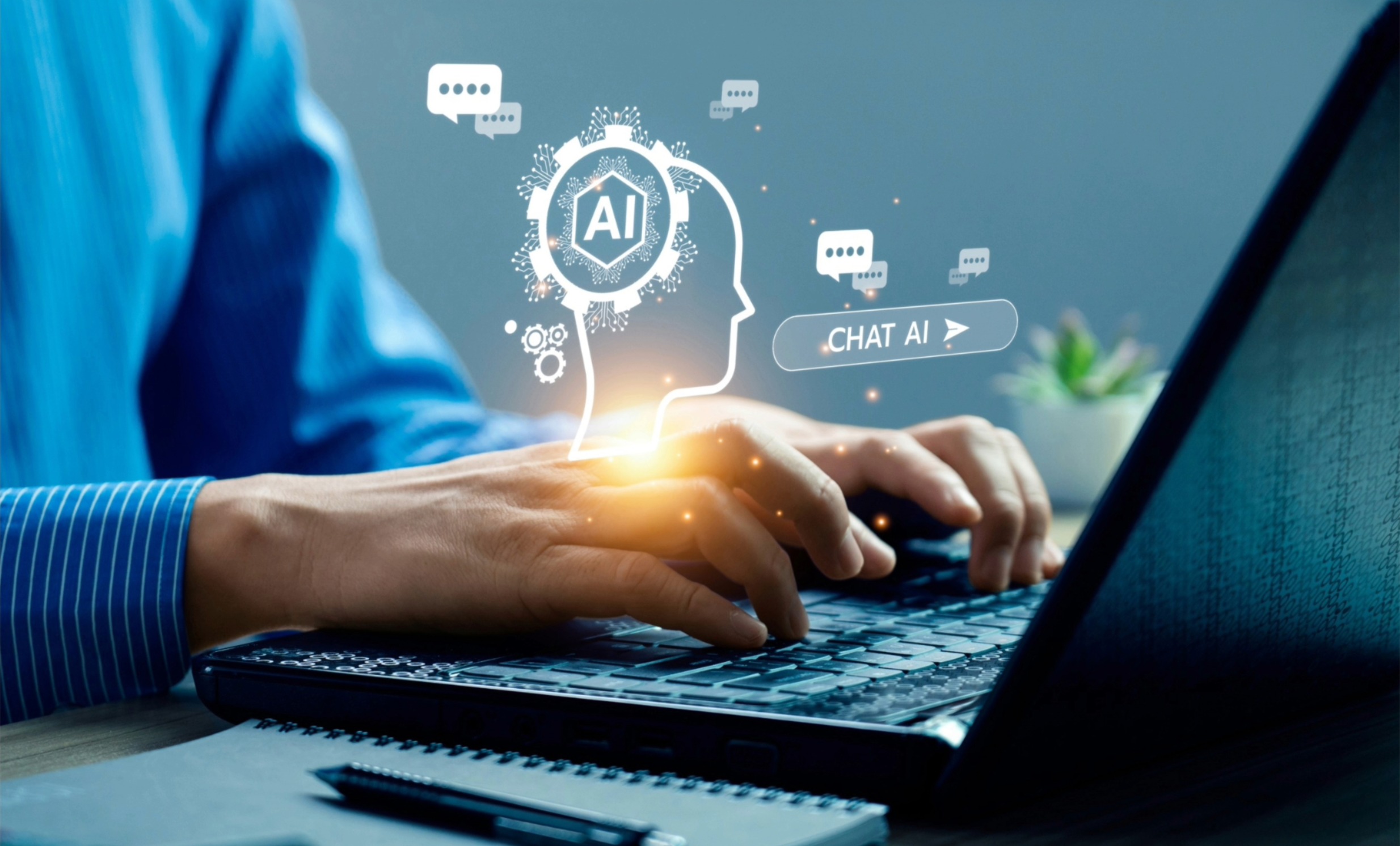 Person typing with AI graphics overlay